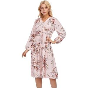 JOYOURS Casual V Neck Floral Boho Midi A Line Long Sleeve Small plus pink Dress